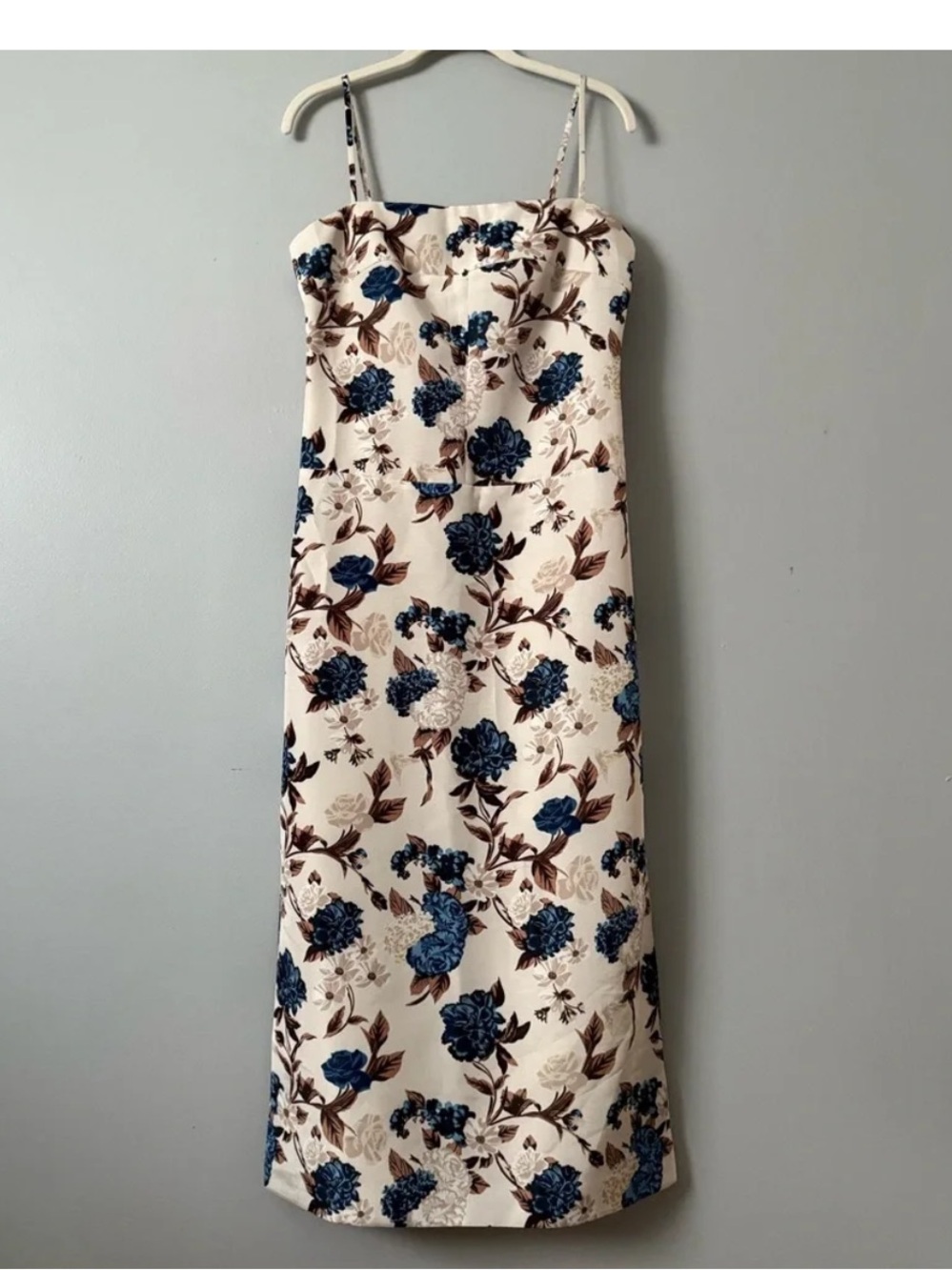 Tory Burch Cream Midi Slip Dress with Teal Floral Print